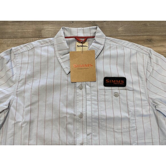 Simms Fishing Shop Shirt Mens M Short Sleeve Striped Quick Dry Zipper Pocket - Picture 2 of 8